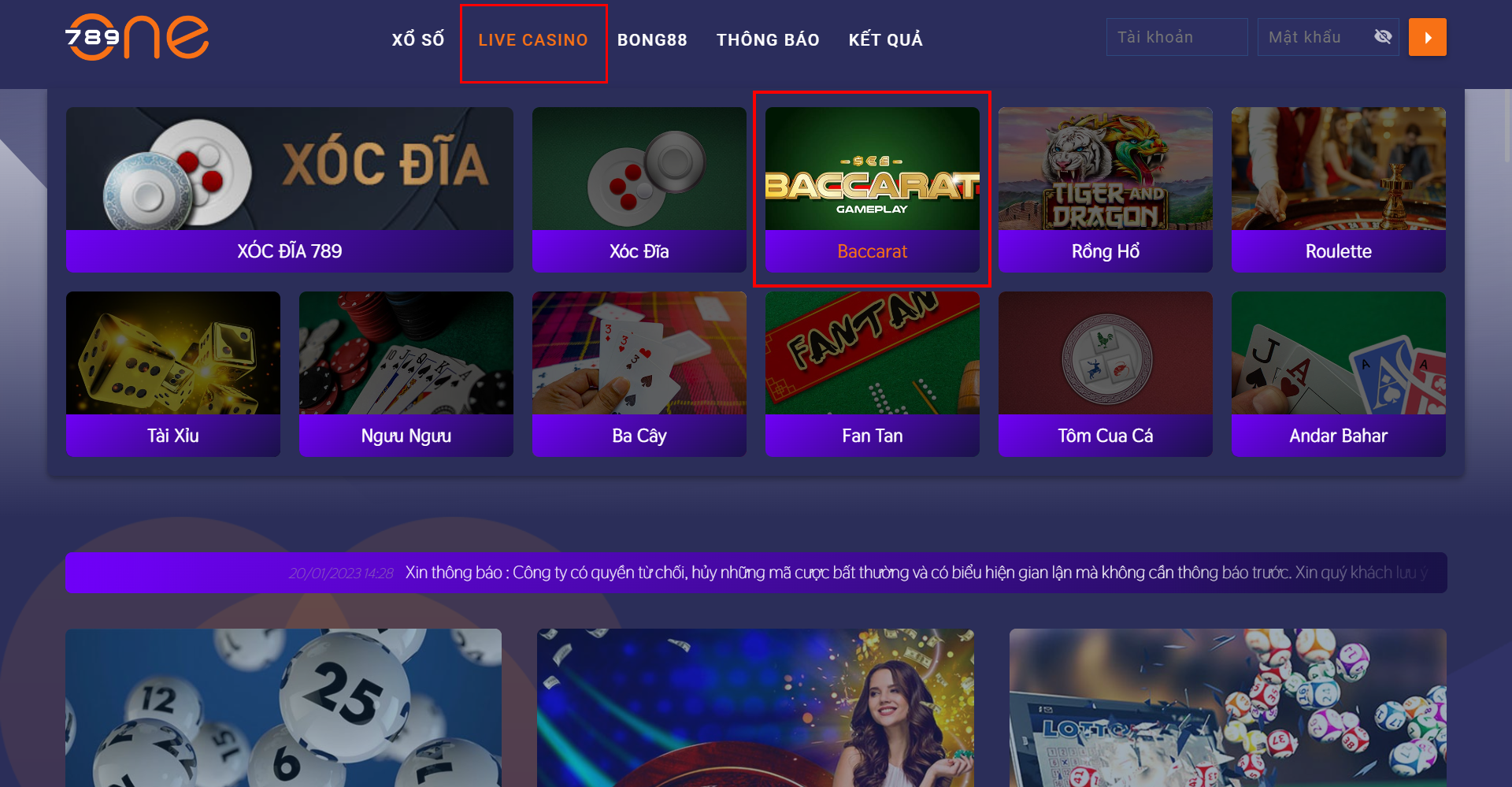 Bước 2: Chọn danh mục Live Casino -> Baccarat.